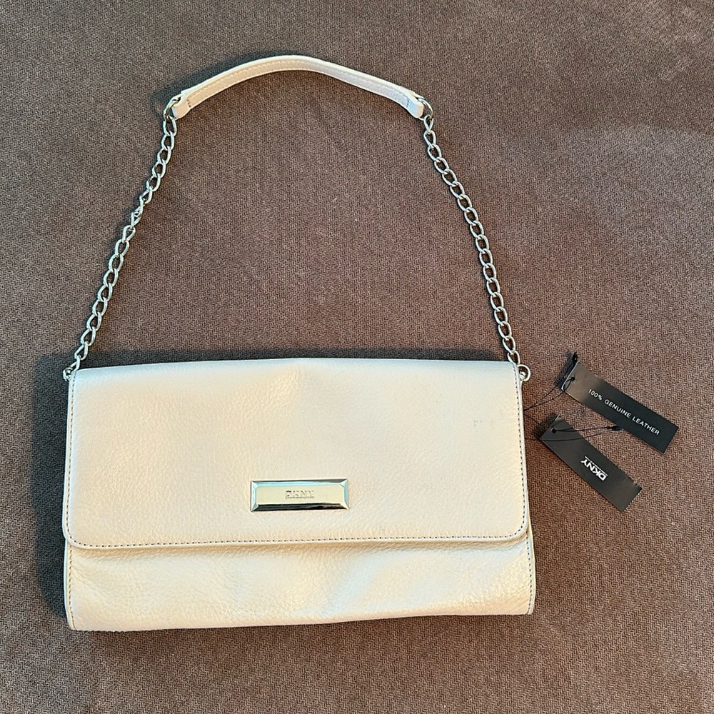 DKNY Donna Karan sand beige 100% Leather Clutch with Shoulder Strap NWT